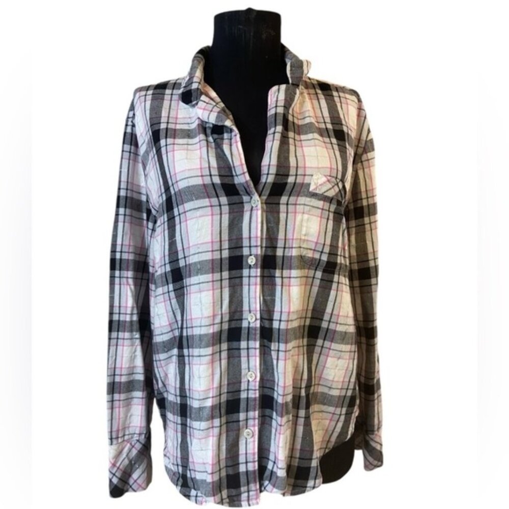 Victoria's Secret White/Pink/Black Plaid Button-down Pajama Top Medium
